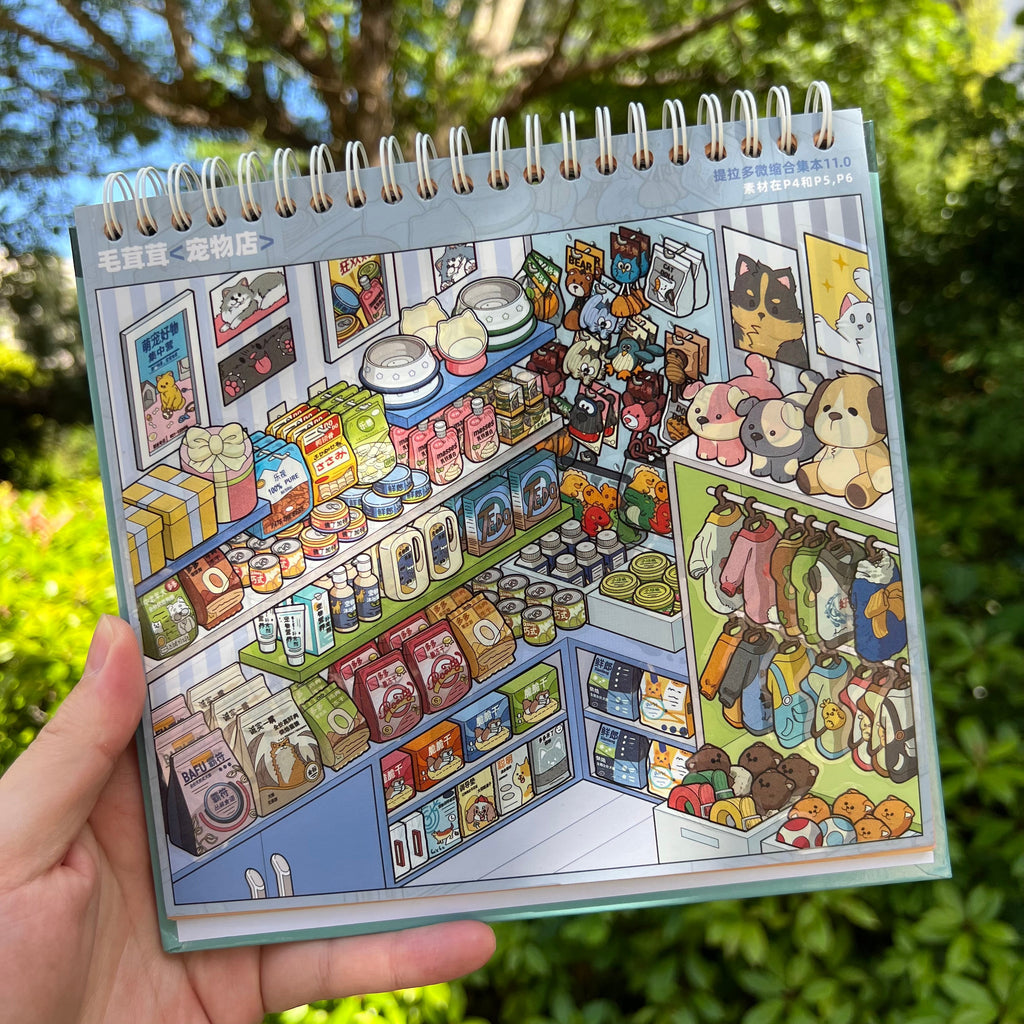 Huhu [Telado 11.0] 3D Sticker Book, series of product stickers for shop layouts, collection of 10 different shop corners, stress relief, DIY journal enthusiasts
